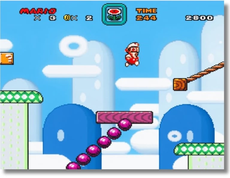 Mario pulando de plataforma com cenario azul e nuvens brancas