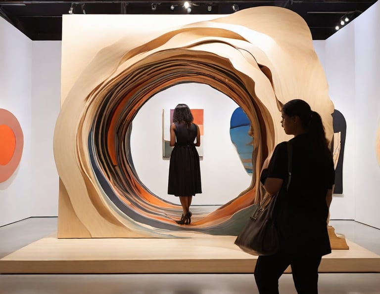 Pessoa observa instalação de arte em madeira esculpida em espiral, com outra pessoa dentro dela