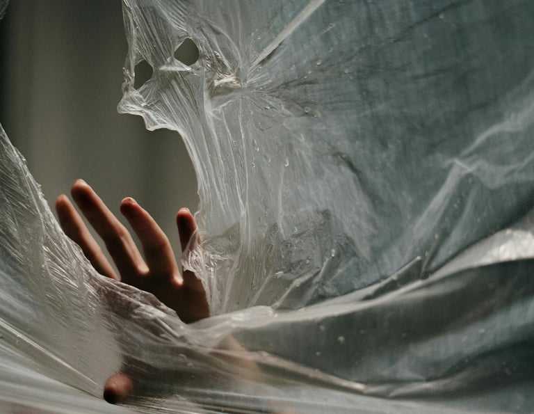 Textura de plástico, fotografia dramática, luz e sombra, conceito de barreira, estética minimalista.