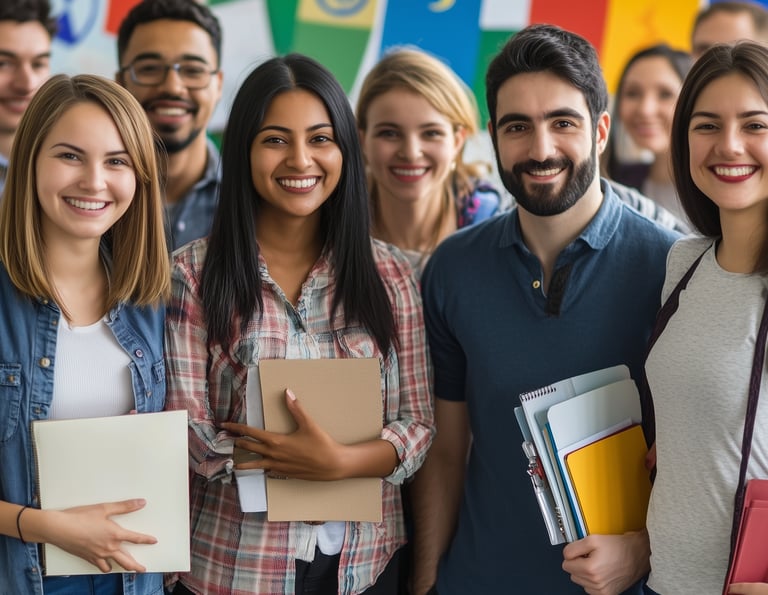 a group of people standing in front of a poster