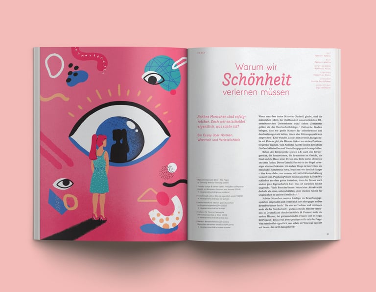 a magazine opened to show an article with the illustration of a woman standing in front of an eye