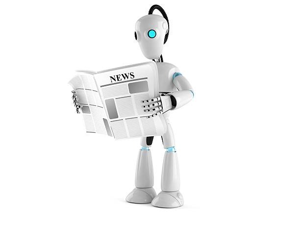 a robot with a newspaper article on the front of a newspaper