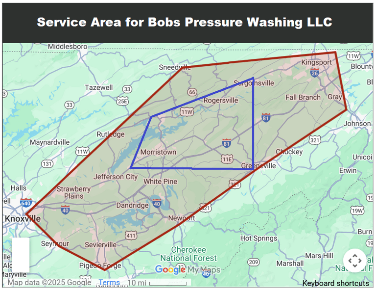Google Map of Regular and extended works areas for Bobs Pressure Wasing LLC