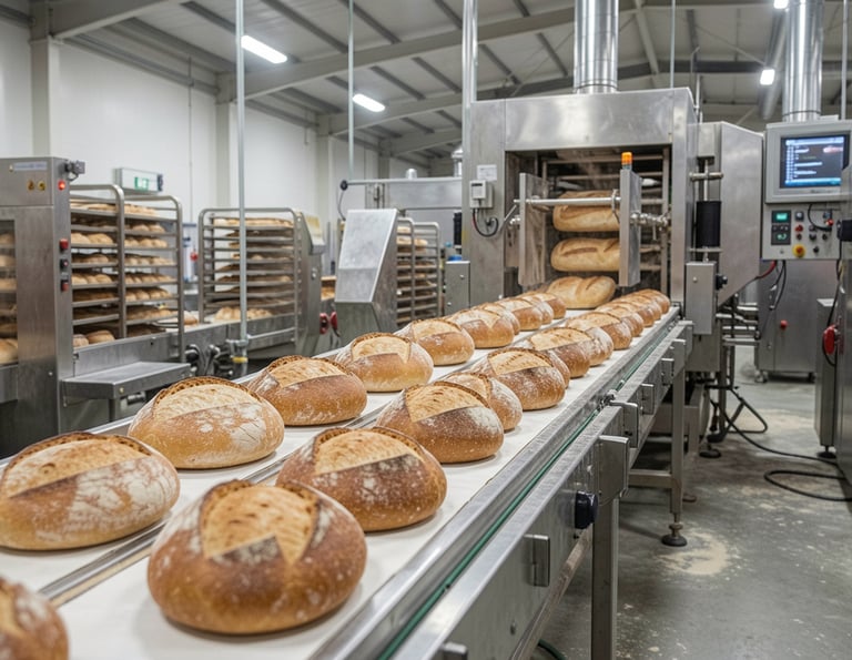 bread on the conveyer in plant bakery 