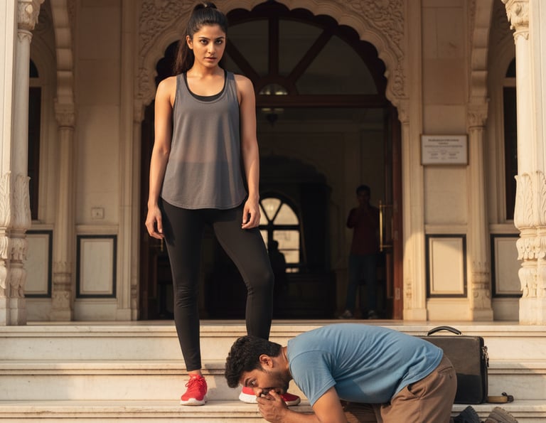 one indian girl stand out side wearing gym dress and shoes and one boy rub their nose on their shoes