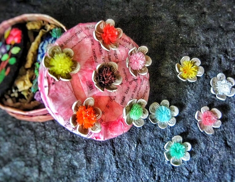 Recycle paper pink storage,at the lid of storage decorated with mini flower quilling 