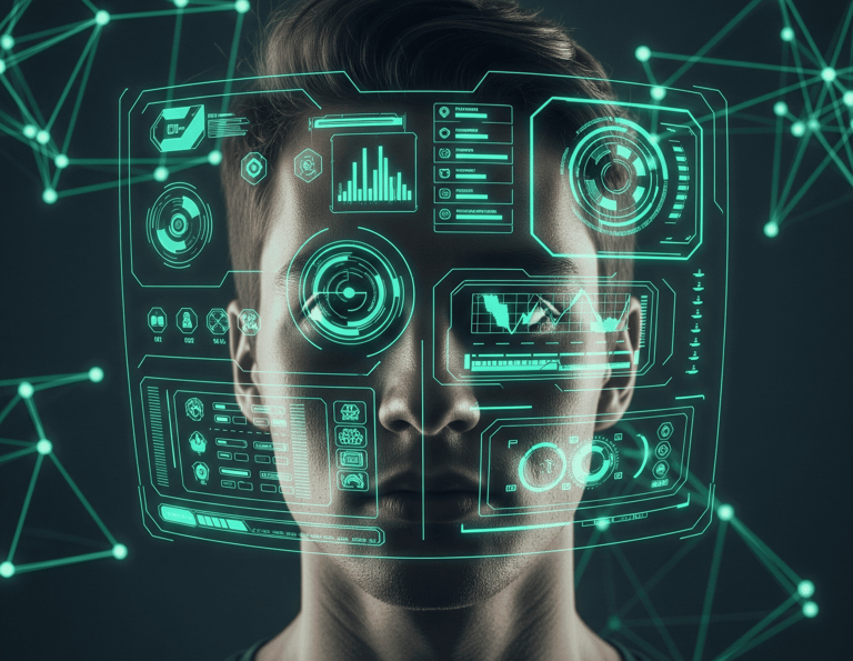 Futuristic brain interface: a human head with a dashboard UI overlay, illustrating a high-tech connection to the mind
