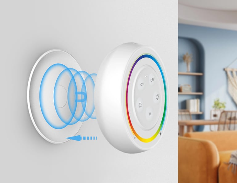 Mando con soporte de pared magnético y control total de efectos.