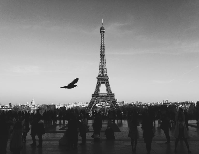 Black and white image of the Eiffel Tower from a distance