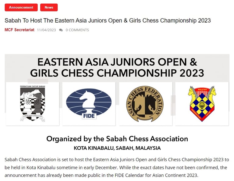 Sabah To Host The Eastern Asia Juniors Open & Girls Chess Championship 2023. Chess Clicks.