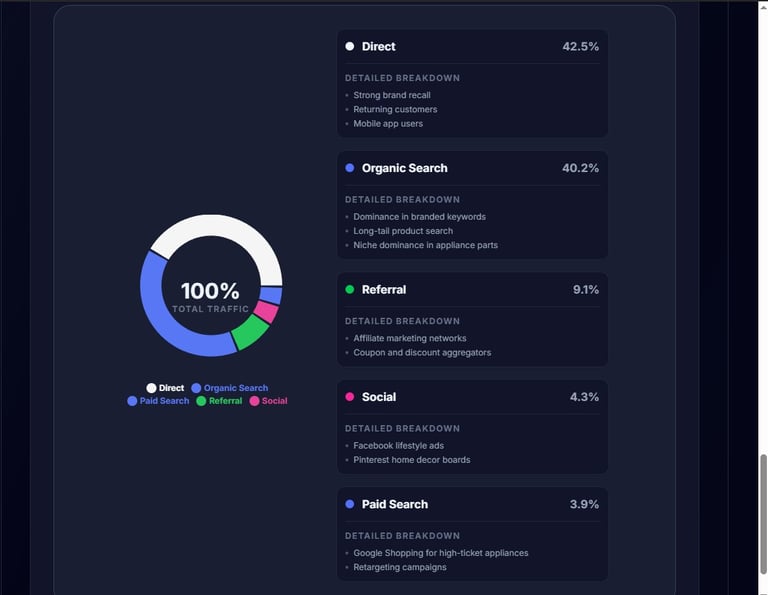 A website traffic analytics dashboard showing a colorful donut chart and data breakdown for organic and paid search.