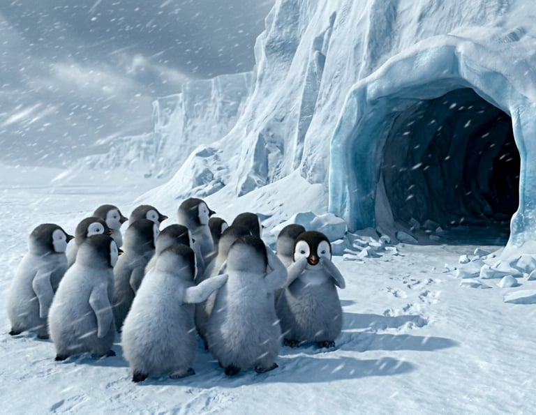A huddle of fluffy penguin chicks standing in the snow near an icy cave entrance during a blizzard.