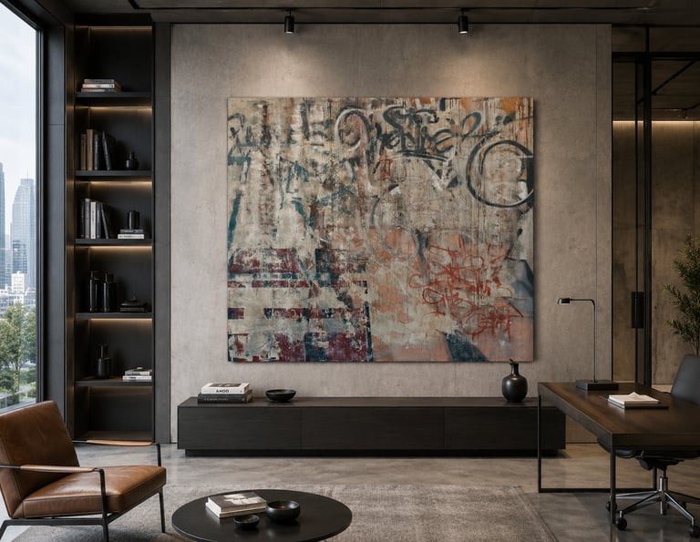 Abstract red-and-grey KENDE calligraphy painting above a wooden console