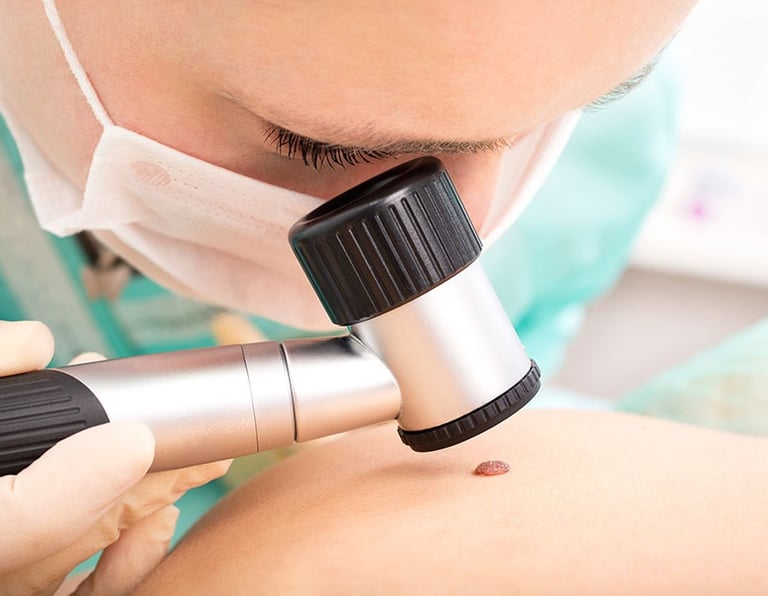 a woman with a microscope examines a mole on the patient's skin