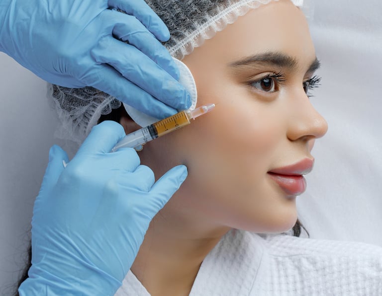 a woman in a white robe is getting her eyebrows done