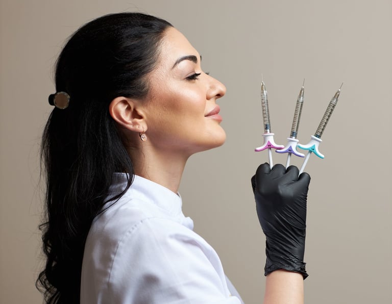 a woman in a lab coat and gloves holding scissors