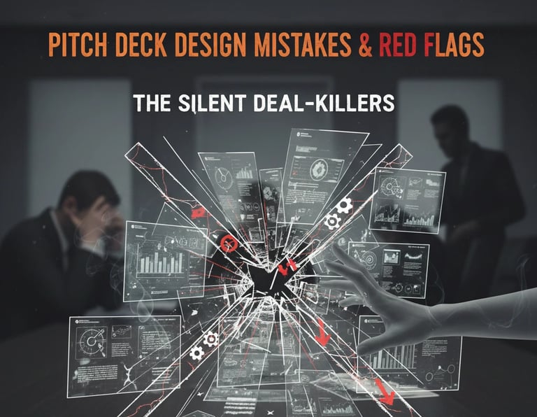 Dramatic image of a shattered digital pitch deck with data charts and red flags, titled "Pitch Deck 