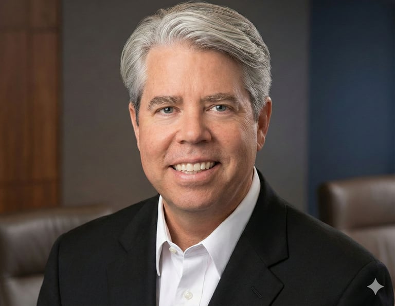 Professional headshot of a smiling male executive with grey hair in a black suit jacket.
