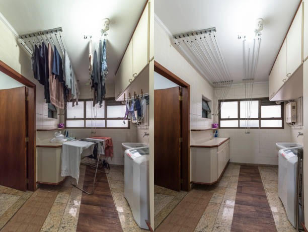 a before and after picture of a laundry room clutter/debris removal