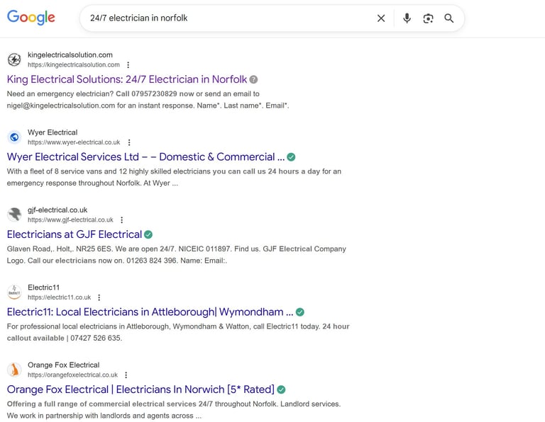 Screenshot of Google to show King Electrical Solutions as top organic result