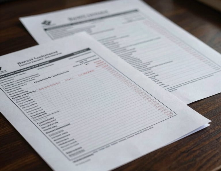 A close-up shot of financial ledger documents and official bank statements spread across a dark wooden desk in a dimly lit office in Beirut, Middle Eastern / Levant context, harsh key lighting, dark slate tones with subtle crimson highlights.