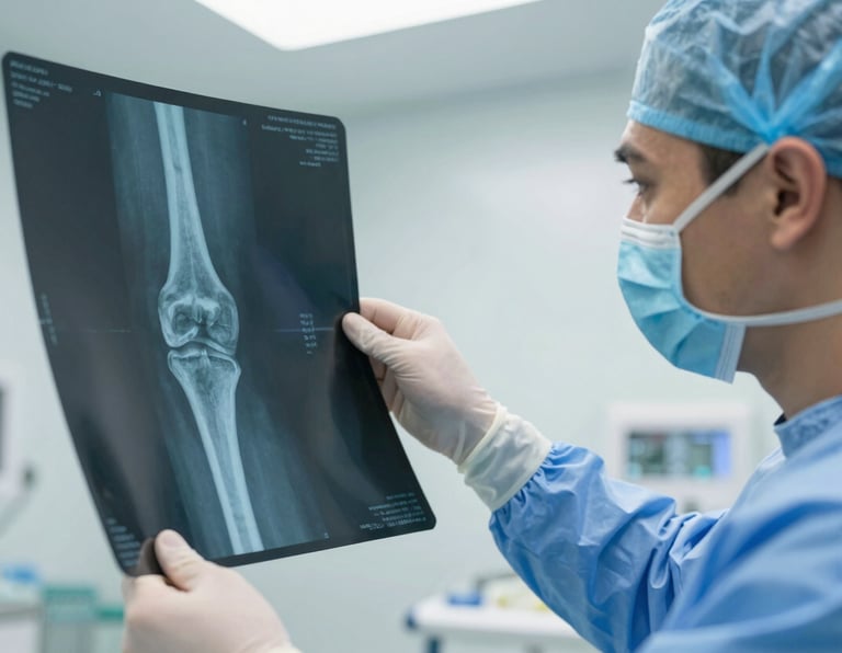 A close-up of a professional orthopedic surgeon's hands examining a high-resolution knee joint X-ray in a modern Latin American clinic. The lighting is clean and bright, using a medical blue and white color palette to convey precision and authority.