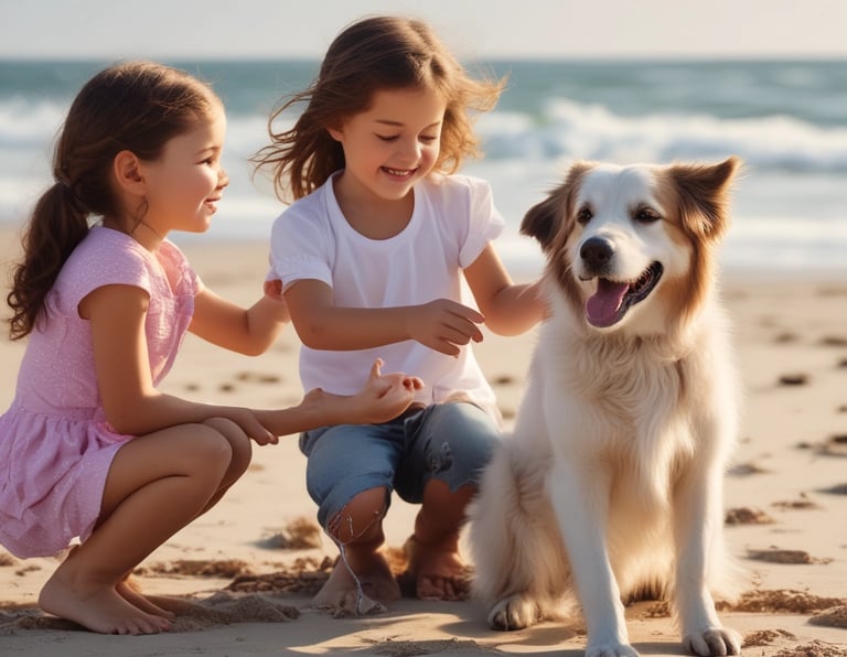 Sophisticated concierge playing with a well-groomed dog and smiling child in a sunlit luxury home.