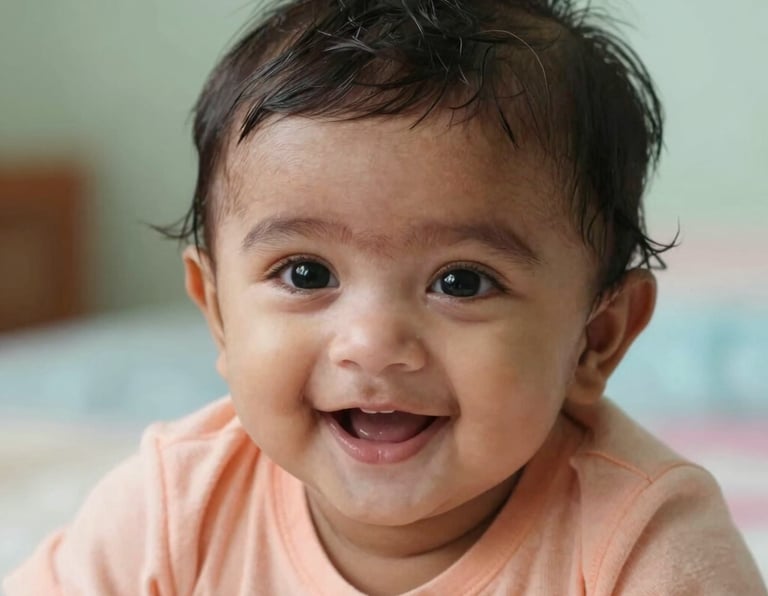 A close-up photograph of a cheerful South Asian baby lying on a soft peach-colored cotton blanket, smiling warmly at the camera. Gentle natural lighting, soft focus background with subtle green and blue pastel tones.