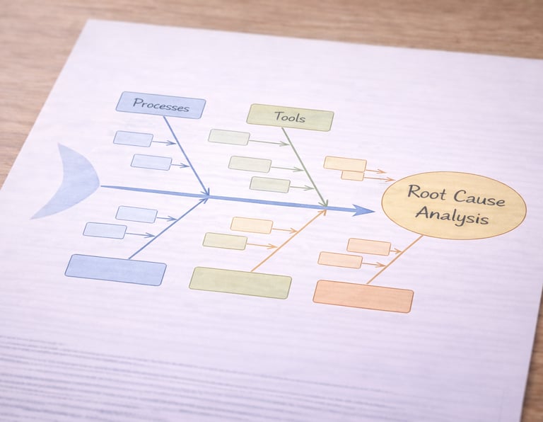 Fishbone diagram illustrating root cause analysis of processes and tools in a business workflow.