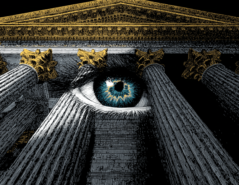 a building with a blue eyeball and a blue eyeball