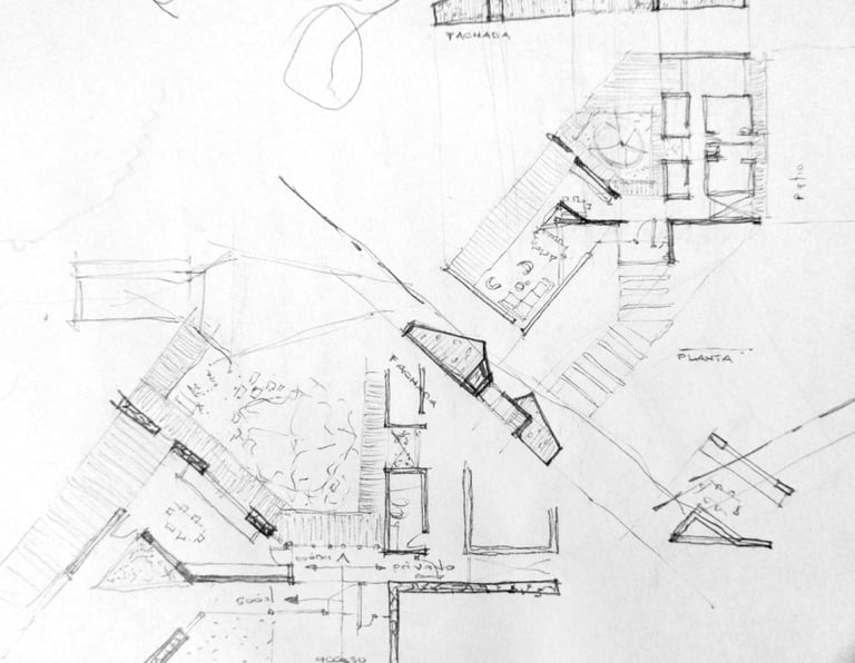 Boceto y croquis de una casa en proceso de diseño. Arquitecto Pablo Suarez