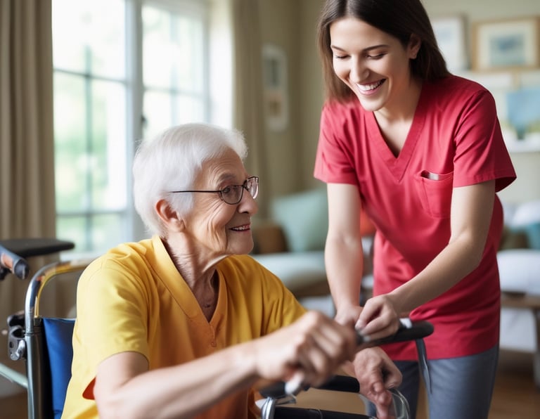 A warm and inviting living room with a caregiver and client enjoying a conversation.