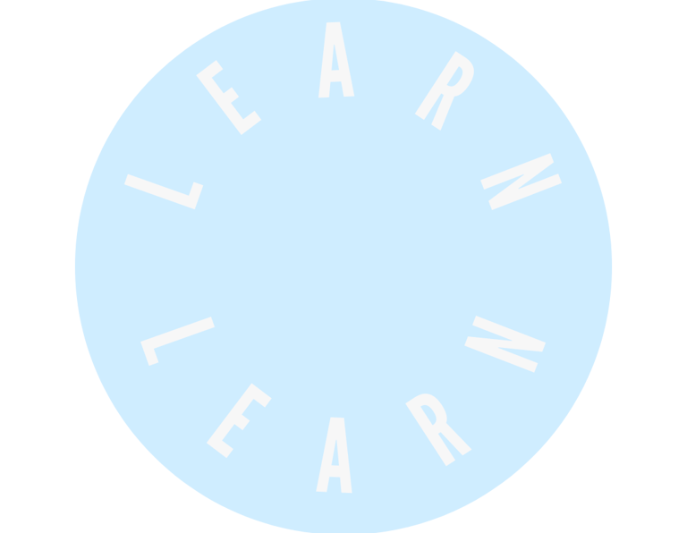 a circular blue sign with the words learn in white letters