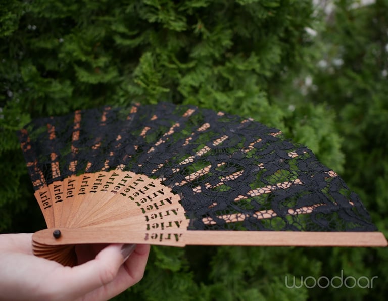 hand fan made from mahogany wood with black lace