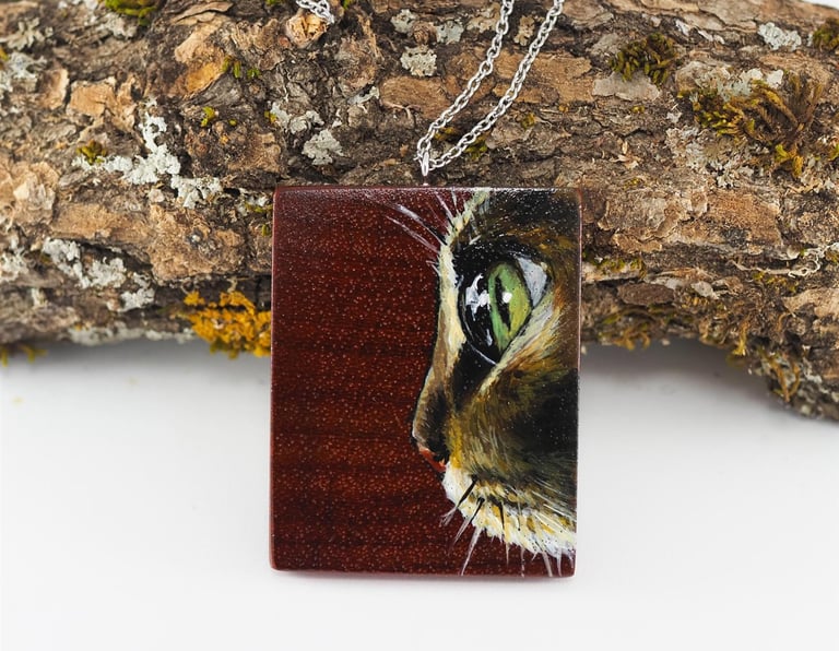 Hand painted cat on padouk wood pendant