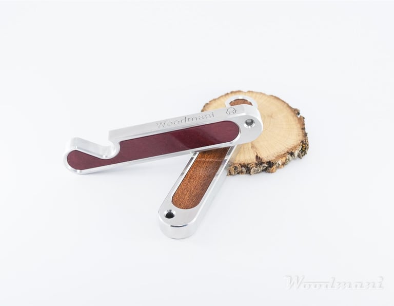 aluminium bottle opener with inserts made from purple heart and mahogany wood