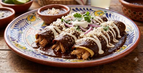 Enchiladas de mole con queso, crema y cebolla, acompañadas con frijoles.