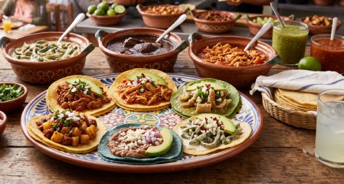 Cazuelas con diferentes guisados y tacos hechos con tortillas de maíz.