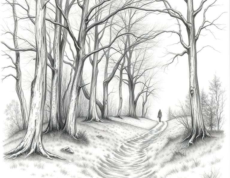 A pencil sketch of a person walking in a wood.