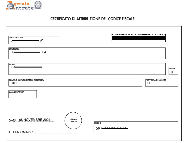 Codice fiscale desde chile