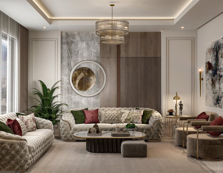 a living room with a couch and a table