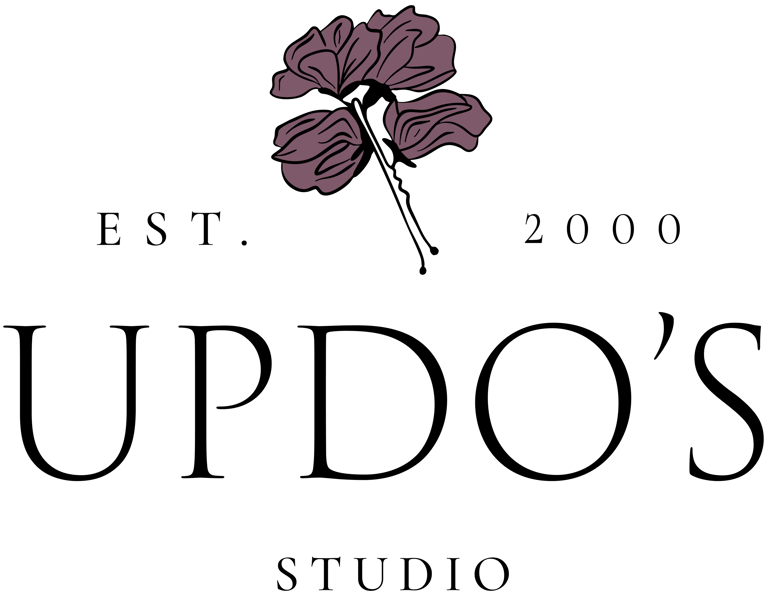 Updo’s Studio secondary logo with mauve floral emblem, clean wordmark, wedding hair and makeup brand.