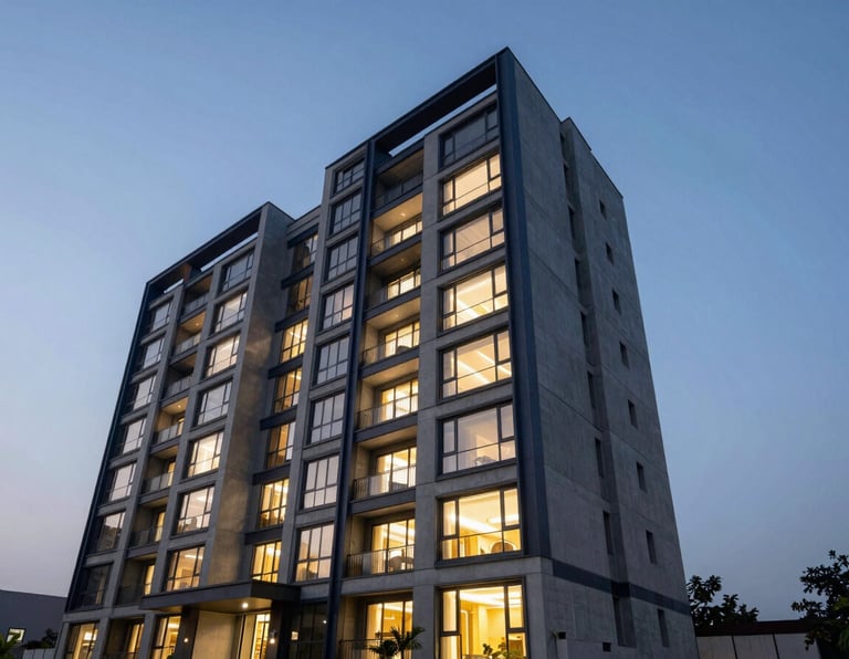 Wide-angle architectural exterior of a modern multi-story residential building in Dhaka, crisp twilight sky, warm interior lighting glowing through glass facades, deep navy and concrete gray tones.