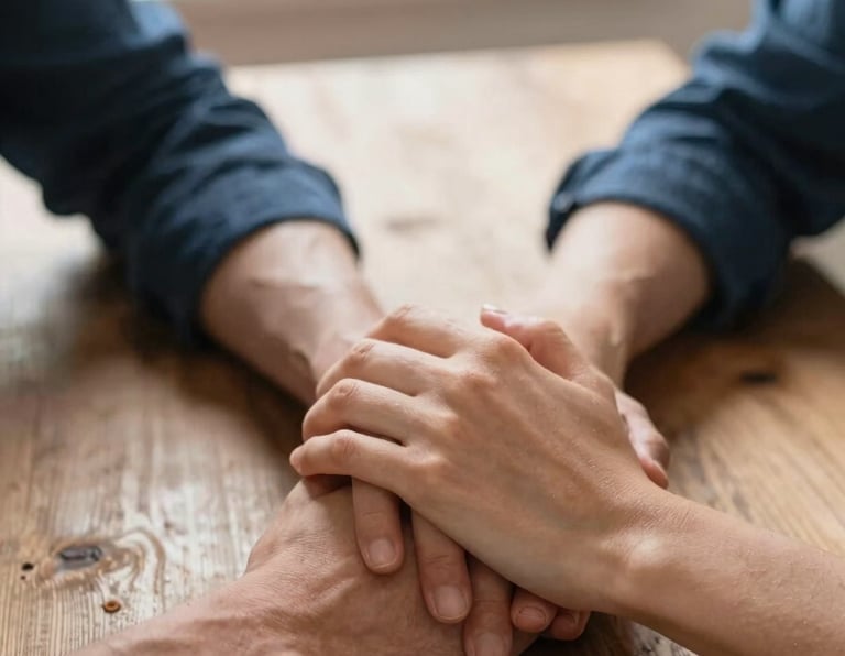 Close-up of two people holding hands across a rustic wooden table, soft morning light, warm tones, conveying trust and support, shallow depth of field