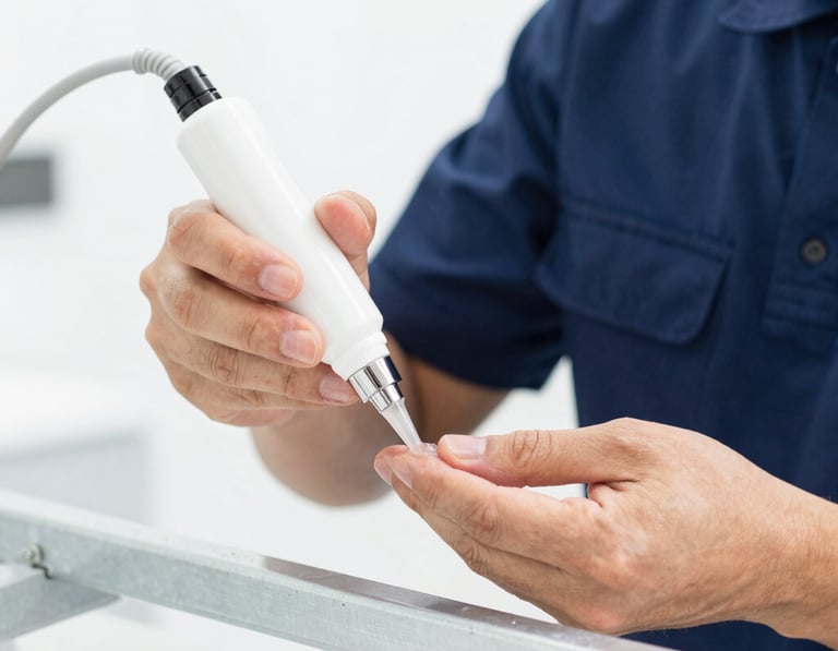 Bright high-key commercial photography, close-up of hands-at-work as a professional technician in a dark blue uniform applies a precise gel treatment to a clean metal fixture, sharp focus, 35mm