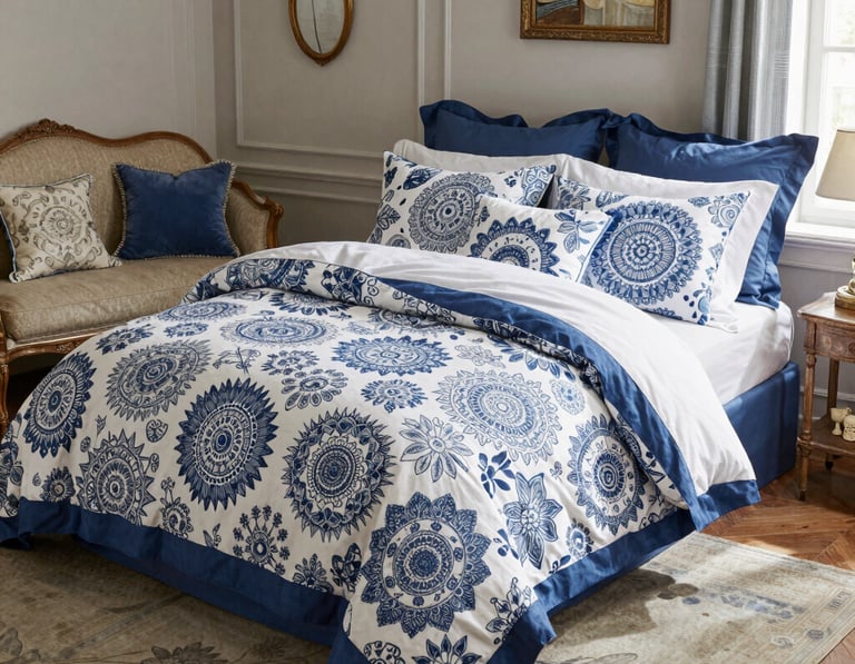 Blue and white floral mandala pattern bedding set on a bed overlooking a sunset river valley.