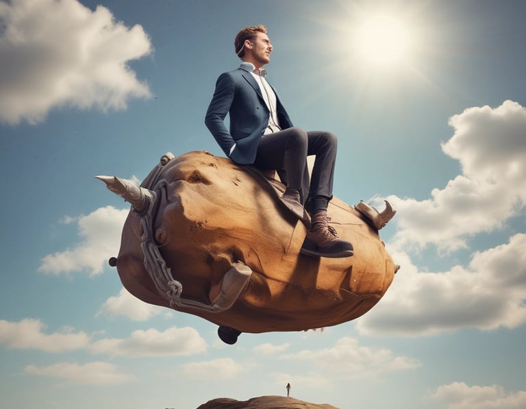 a man in a suit and tie is sitting on a rock