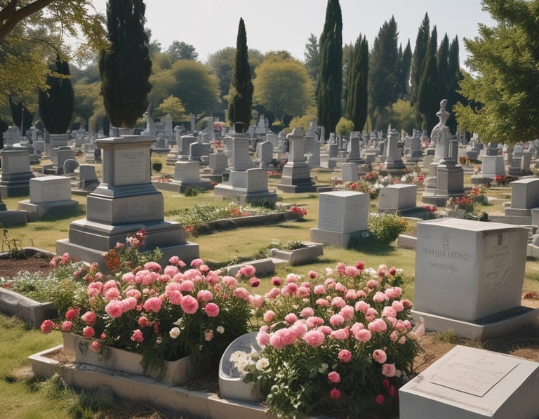 An aerial view of a cemetery features rows of graves with various tombstones, ranging from simple to more elaborate designs. Many plots have flowers, vases, and decorative items placed on them. The ground between the graves is covered in gravel and there are small patches of greenery.