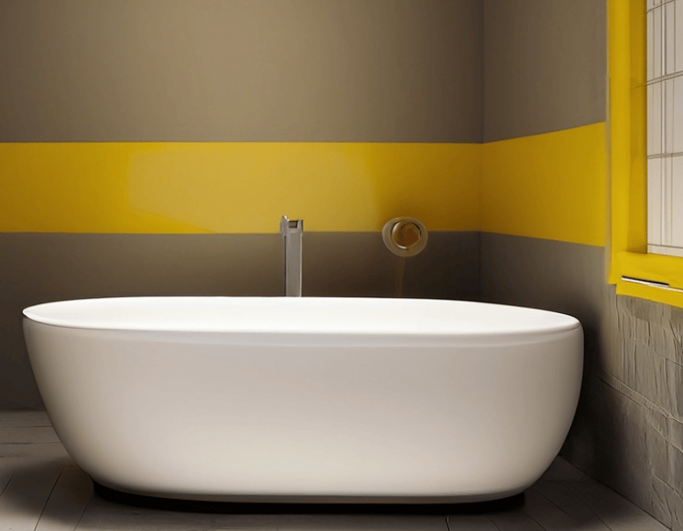 a bathtub with yellow and white wallpaper