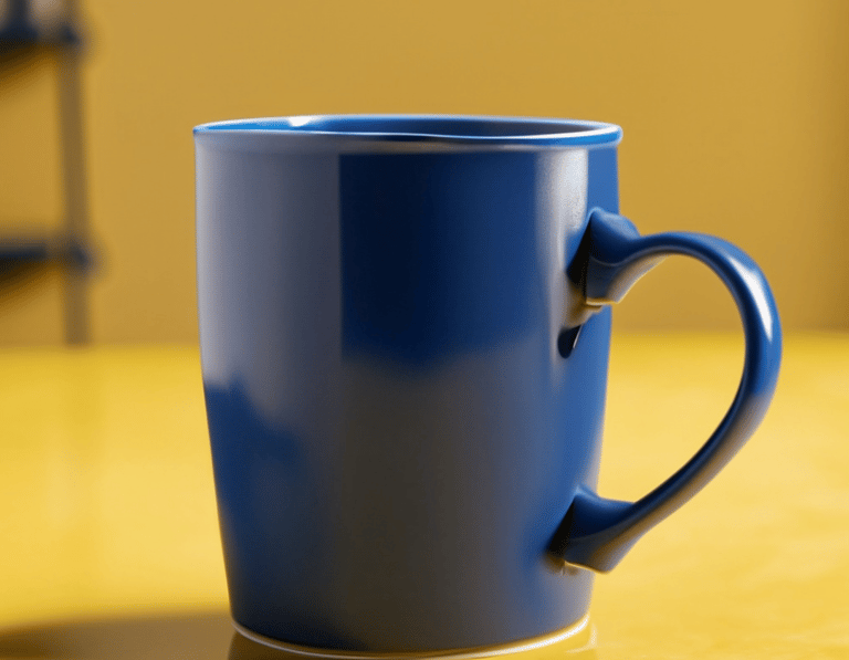 a blue mug on a yellow table